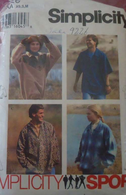 SIMPLICITY 9226 MENS & TEENS HOODIE & TOPS SIZE 30 - 40" COMPLETE-ZIPLOC BAG