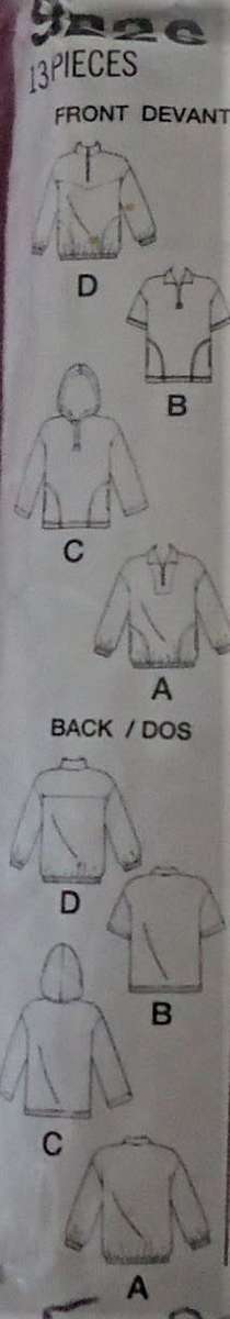 SIMPLICITY 9226 MENS & TEENS HOODIE & TOPS SIZE 30 - 40" COMPLETE-ZIPLOC BAG