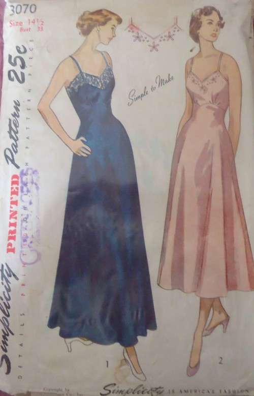 VINTAGE SIMPLICITY 3070 DAYTIME/ EVENING SLIP INC TRANSFER SIZE 14 1/2 BUST 33`- SEE LISTING-ZIPLOC