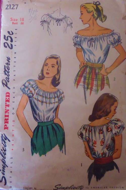 VINTAGE SIMPLICITY 2127 LADIES OFF THE SHOULDER BLOUSE SIZE 18 BUST 36" COMPLETE