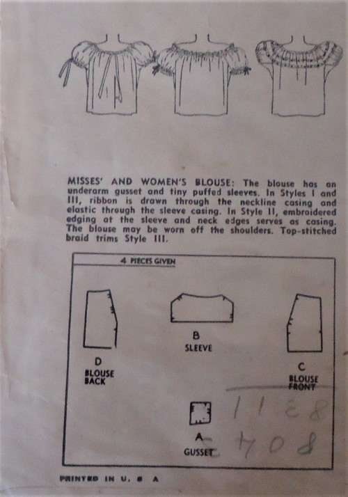 VINTAGE SIMPLICITY 2127 LADIES OFF THE SHOULDER BLOUSE SIZE 18 BUST 36" COMPLETE
