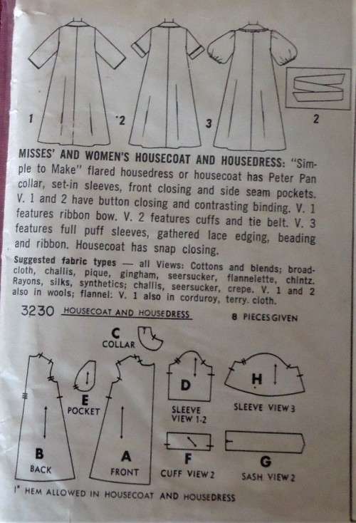 VINTAGE SIMPLICITY 3230 HOUSECOAT & HOUSE DRESS SIZE 14 BUST 34` COMPLETE-UNCUT-F/FOLDED