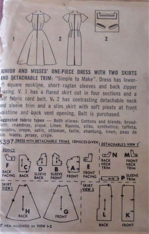 VINTAGE SIMPLICITY 3397 ONE PIECE DRSS WITH 2 SKIRTS SIZE 14 BUST 34"  COMPLETE