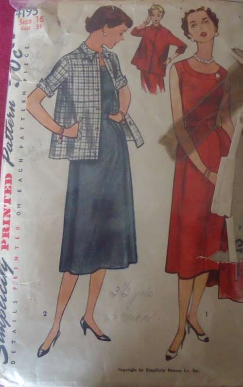 VINTAGE SIMPLICITY 4195  MATERNITY PINAFORE DRESS & JACKET SIZE16 BUST 34" COMPLETE- ZIPLOC BAG