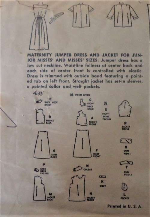 VINTAGE SIMPLICITY 4195  MATERNITY PINAFORE DRESS & JACKET SIZE16 BUST 34" COMPLETE- ZIPLOC BAG