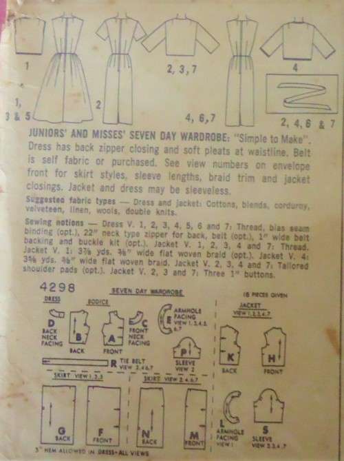 VINTAGE SIMPLICITY 4298 LADIES SEVEN DAY WARDROBE SIZE 13 BUST 33" COMPLETE-ZIPLOC BAG