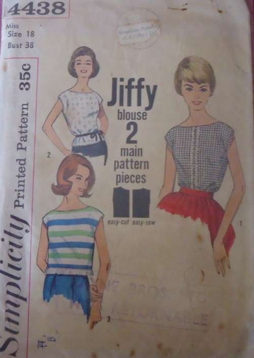 VINTAGE SIMPLICITY 4438 LADIES BLOUSES SIZE 18 BUST 38" COMPLETE-ZIPLOC BAG