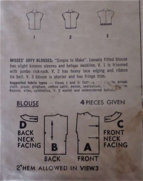 VINTAGE SIMPLICITY 4438 LADIES BLOUSES SIZE 18 BUST 38" COMPLETE-ZIPLOC BAG