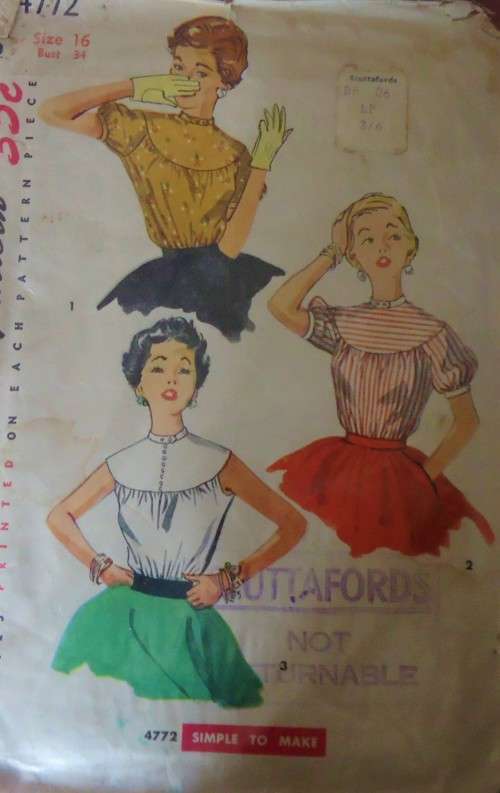 VINTAGE SIMPLICITY 4772 SBLOUSE SIZE 16 BUST 34" COMPLETE- ZIPLOC BAG