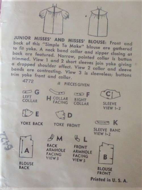 VINTAGE SIMPLICITY 4772 SBLOUSE SIZE 16 BUST 34" COMPLETE- ZIPLOC BAG
