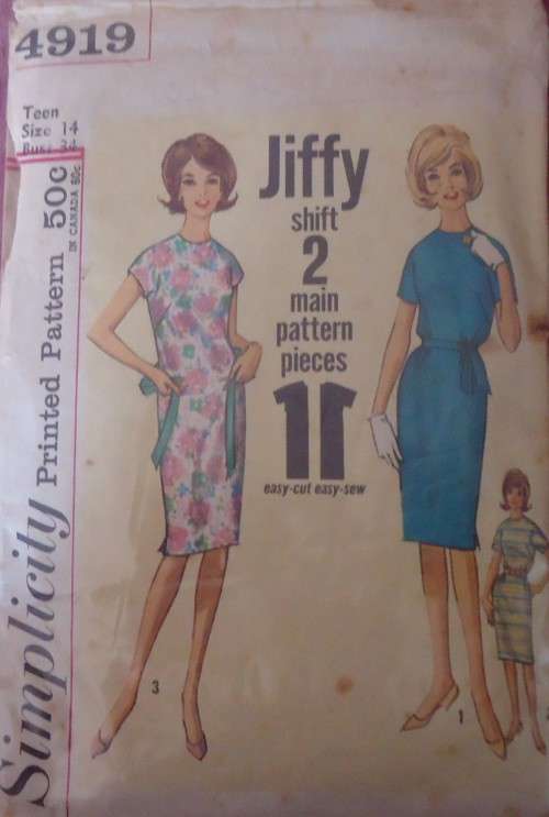 VINTAGE SIMPLICITY 4919 TEEN ONE PIECE JFFY DRESS SIZE 14 BUST 34`  SEE LISTING-ZIPLOC BAG