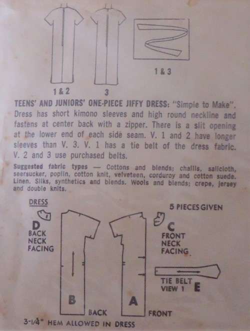 VINTAGE SIMPLICITY 4919 TEEN ONE PIECE JFFY DRESS SIZE 14 BUST 34`  SEE LISTING-ZIPLOC BAG