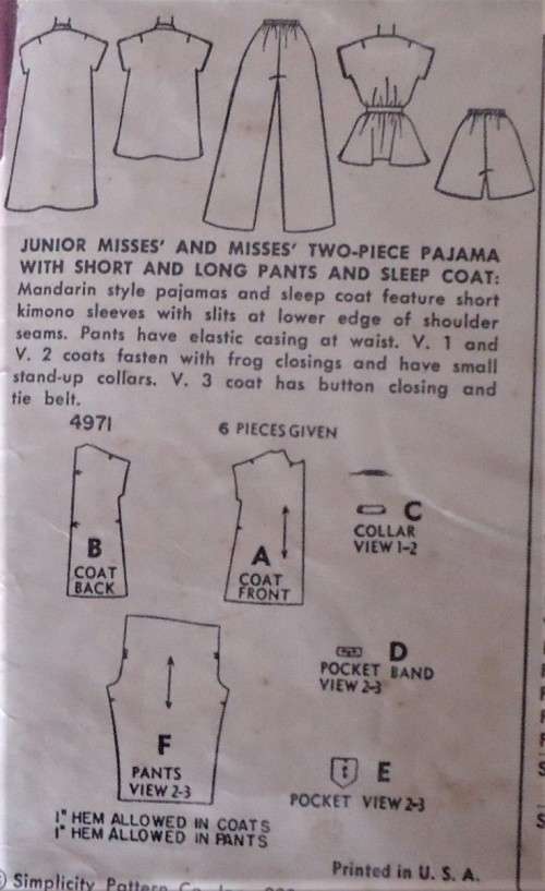 VINTAGE SIMPLICITY 4971 2 PIECE PJS & SLEEP COAT SIZE 16 BUST 34"  COMPLETE-ZIPLOC BAG
