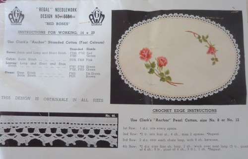 REGAL AGM  DESIGN #5584 STAMPED READY FOR EMBROIDERY- PURE LINEN `RED ROSES` TRAY CLOTH- 14 X 20`