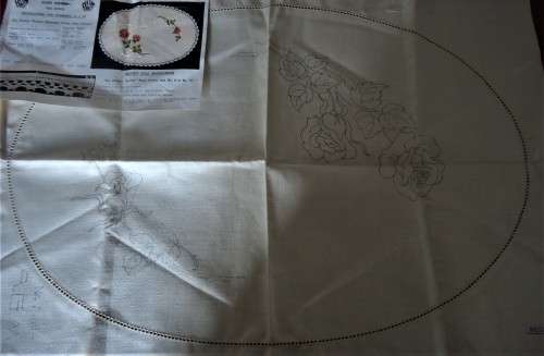 REGAL AGM  DESIGN #5584 STAMPED READY FOR EMBROIDERY- PURE LINEN `RED ROSES` TRAY CLOTH- 14 X 20`