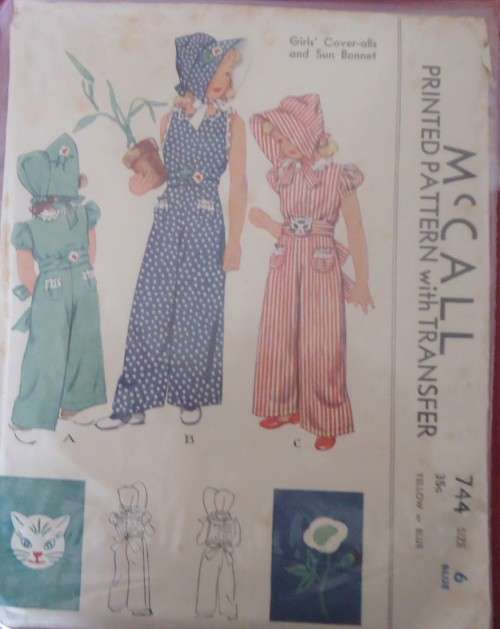 1930'S VINTAGE McCALLS 744  GIRL'S COVER-ALLS & SUN BONNET 6 YEARS COMPLETE-ZIPLOC BAG