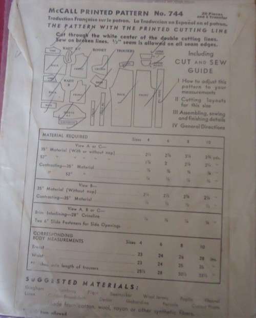 1930'S VINTAGE McCALLS 744  GIRL'S COVER-ALLS & SUN BONNET 6 YEARS COMPLETE-ZIPLOC BAG