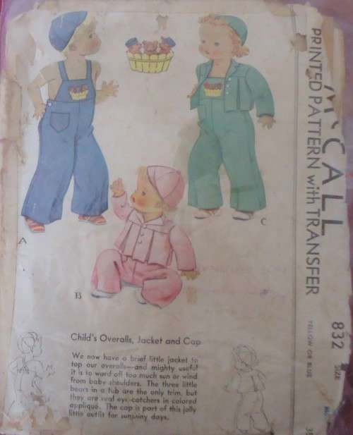 1930'S VINTAGE McCALLS 832  CHILD'S OVERALLS-JACKET-CAP 2 YS TRANSFER-NO SEWING INSTRUCTIONS-ZIPLOC