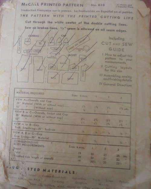 1930'S VINTAGE McCALLS 832  CHILD'S OVERALLS-JACKET-CAP 2 YS TRANSFER-NO SEWING INSTRUCTIONS-ZIPLOC