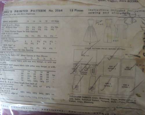 1950'S VINTAGE McCALLS 3564 LADIES DRESS-FULL/SLIM SKIRT SIZE14 BUST 34'  COMPLETE -ZIPLOC BAG