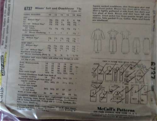 V/VINTAGE McCalls 6737 SUIT and OVERBLOUSE - SIZE 16 BUST 36` COMPLETE-ZIPLOC