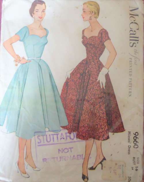 1930 V/VINTAGE McCalls 9660  SWEETHEART SHAPED NECKLINE DRESS- SIZE 16 BUST 34 NO SEWING INS ZIPLOC