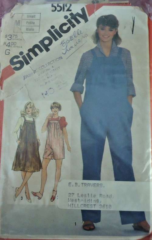 SIMPLICITY 5512 MATERNITY JUMPSUIT & PULLOVER PINAFORE SIZE SMALL=8-10 COMPLETE-ZIPLOC BAG