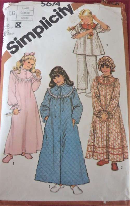 SIMPLICITY 5674 GIRLS NIGHTGOWN-PJS-ROBE-HAT SIZE LGE - 76-81 CM" COMPLETE-UNCUT-F/FOLDED