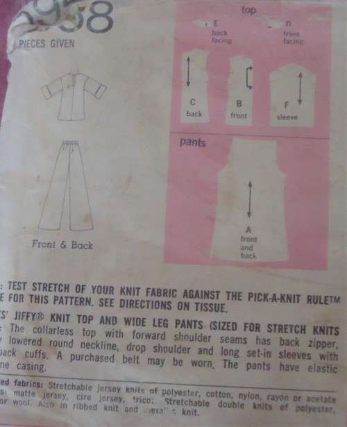 SIMPLICITY 5958  KNIT TOP & WIDE PANTS FOR STRETCH KNITS  SIZE 12-BUST 34" COMPLETE-ZIPLOC BAG