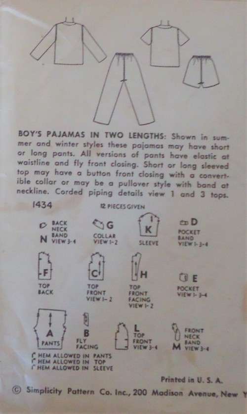 VINTAGE SIMPLICITY 1434 BOY'S PJS IN 2 LENGTHS- SIZE 10 YEARS COMPLETE
