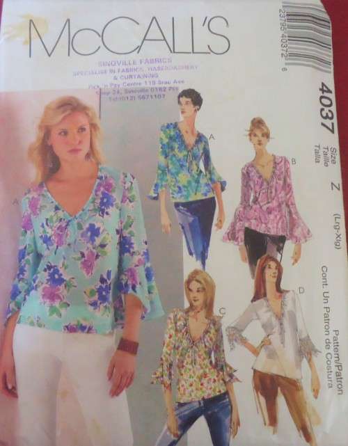 McCalls 4037 SEMI FITTED PULLOVER BLOUSES SIZE LARGE-XLARGE COMPLETE