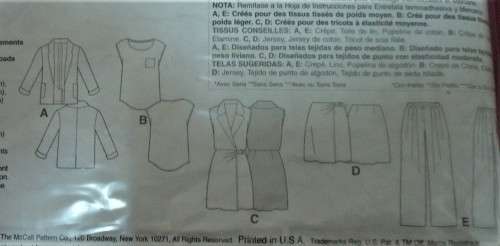 McCalls M6519  UNLINED JACKET-TOP-DRESS-SKIRT-PANTS SIZE A56-8-10-12-14 COMPLETE-ZIPLOC BAG