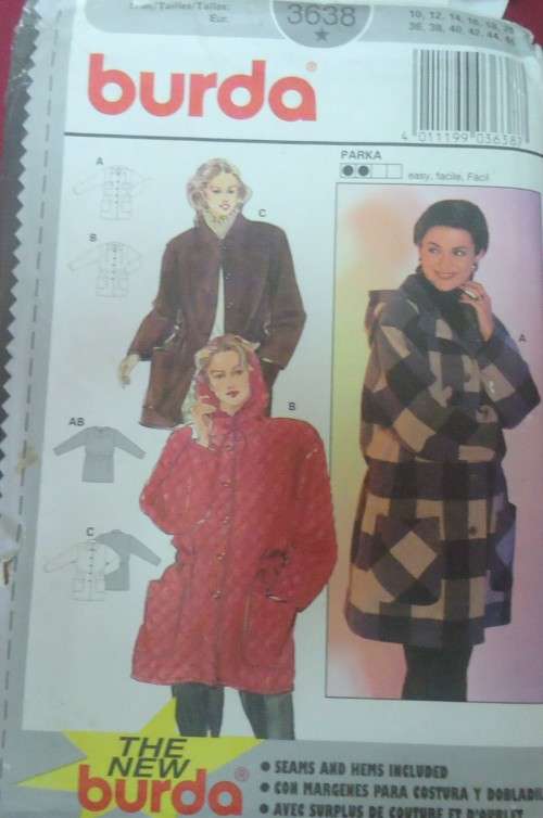 BURDA 3638 PARKA JACKET SIZE10-12-14-16-18-20 COMPLETE-UNCUT-F/FOLDED