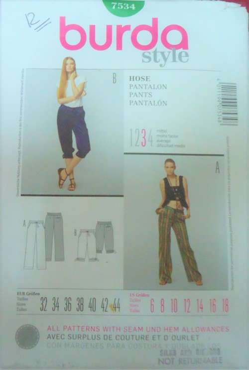 BURDA PATTERN 7534 PANTS and BAGGIES SIZES 6-8-10-12-14-16-18 COMPLETE