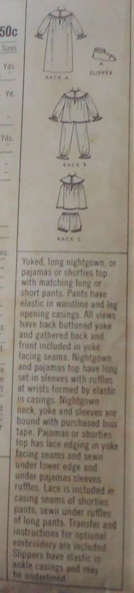 McCalls 8352 GIRLS NIGHTIE-PJS-SHORTIES-SLIPPERS TRANSFER SIZE 12 YEARS COMPLETE + TRANSFER