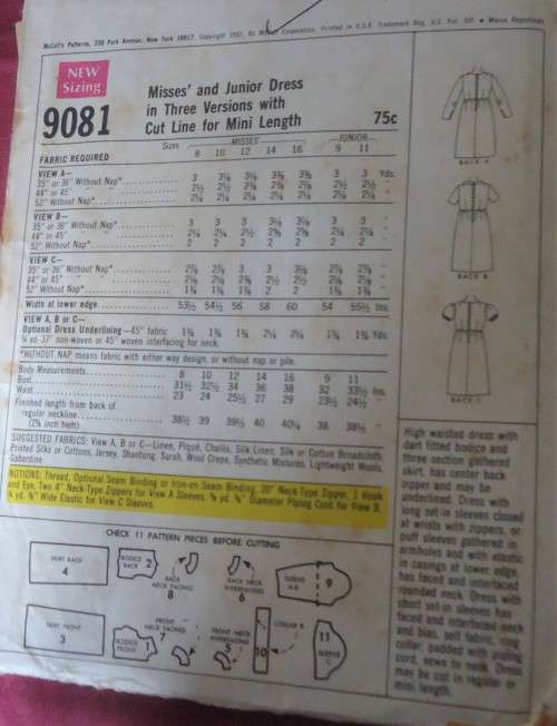 VINTAGE McCalls 9081 MINI DRESS SIZE12 BUST 34-COMPLETE