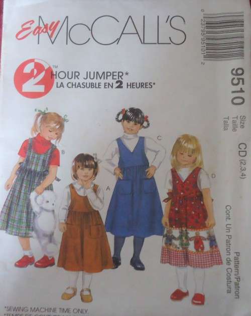 McCalls 9510 GIRLS PINAFORE DRESSES SIZE CD 2-3-4 YEARS COMPLETE-UNCUT-F/FOLDED