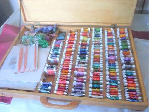 CUSTOM MADE WOODEN BOX FILLED WITH WITH OVER 120 EMBROIDERY THREADS+ EXTRAS! - LOOK SEE!