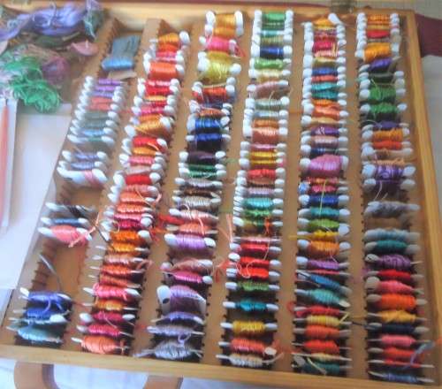 CUSTOM MADE WOODEN BOX FILLED WITH WITH OVER 120 EMBROIDERY THREADS+ EXTRAS! - LOOK SEE!