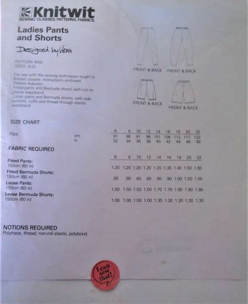 KNITWIT PATTERN 4000 PANTS & SHORTS SIZES 6 - 22 -  COMPLETE
