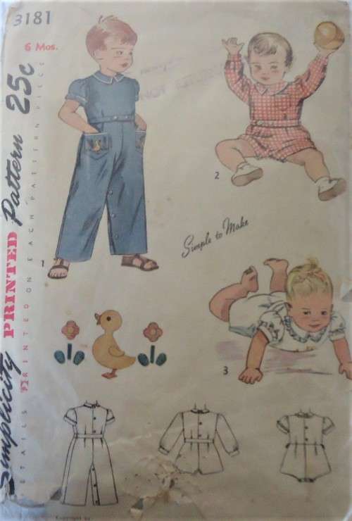 VINTAGE SIMPLICITY 3181 TODDLERS COVERALL & ROMPERS SIZE 6 MONTHS - COMPLETE -ZIPLOC BAG