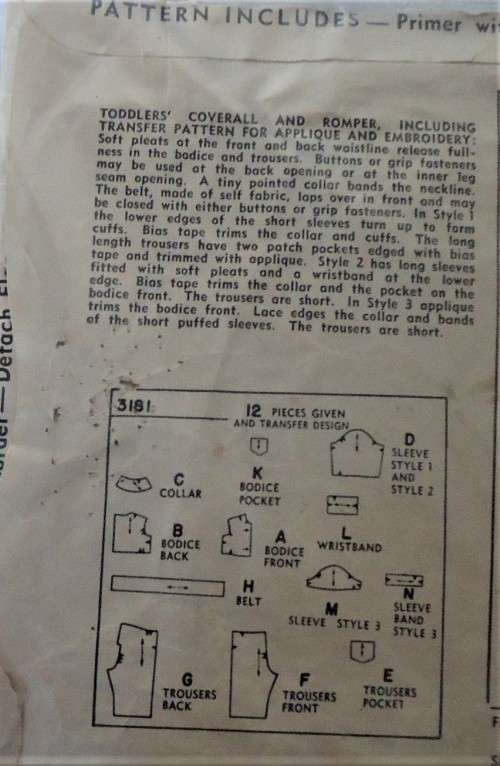 VINTAGE SIMPLICITY 3181 TODDLERS COVERALL & ROMPERS SIZE 6 MONTHS - COMPLETE -ZIPLOC BAG