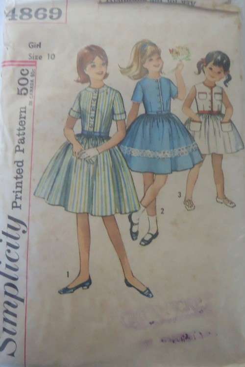 VINTAGE SIMPLICITY 4869 GIRL'S ONE PIECE DRESS SIZE 10 YEARS -SEE LISTING-ZIPLOC