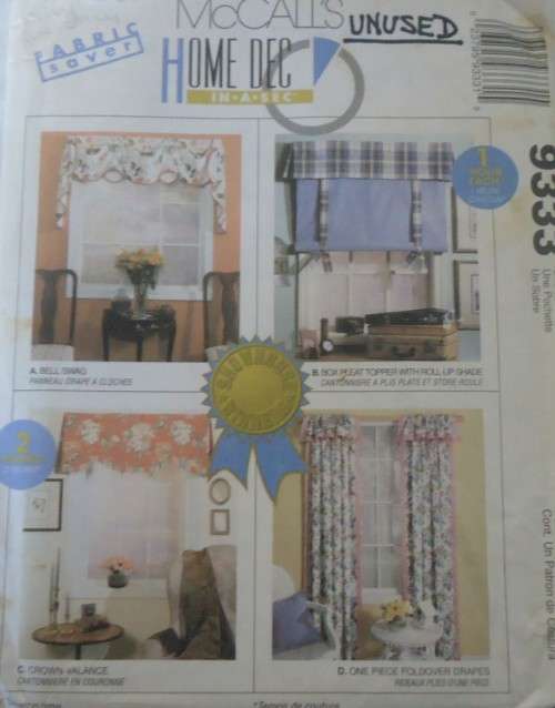 McCALLS HOME DECORATING 9333 WINDOW COVERS-CURTAINS-COMPLETE-UNUSED-F/FOLDED