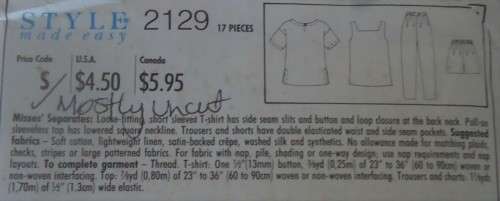 STYLE 2129 LOOSE FITTING T SHIRT-PULL ON TOP-PANTS-SHORTS SIZE 8-18  COMPLETE & MOSTLY UNCUT