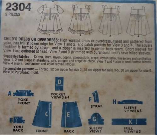 STYLE 2304 CHILD DRESS OR OVERDRESS SIZE 3 YEARS CHEST 56 CM COMPLETE-ZIPLOC BAG