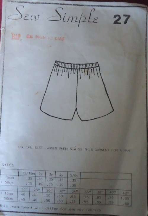 SEW SIMPLE PATTERNS # 27 SHORTS  SIZE 36` OR 92 CM