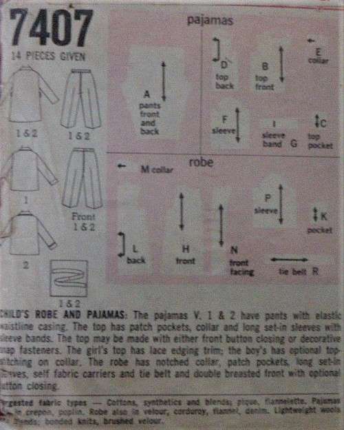 SIMPLICITY 7407 TODDLERS ROBE & PJS SIZE 2 YEARS BREAST 21  COMPLETE-ZIPLOC