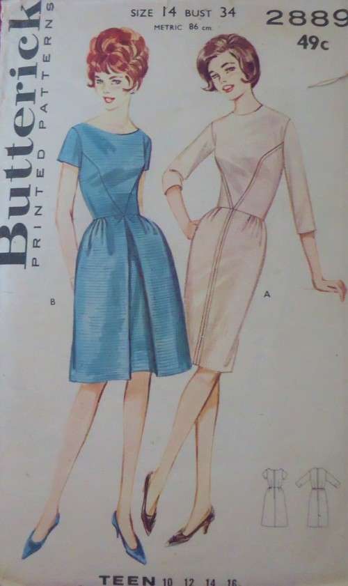 VINTAGE BUTTERICK 2889 DRESS WITH V SEAMED BODICE SIZE 14 BUST 34 COMPLETE