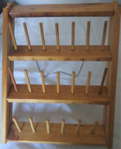 THREE TIER STANDING WOODEN COTTON REEL HOLDER FOR 21 REELS OF COTTON